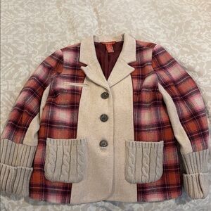 Sundance Catalog Plaid Wool-Blend Jacket with Cable Knit Trim - Pink/plum/Tan P4